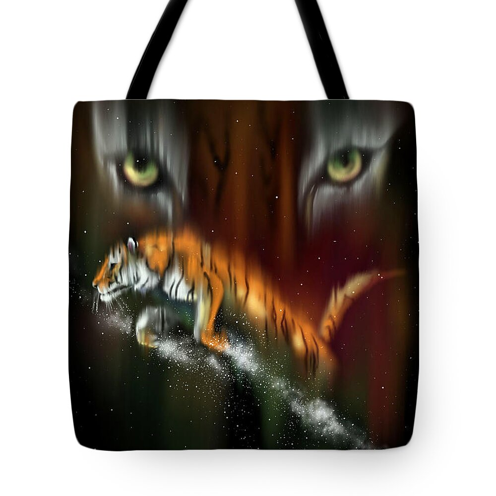 Tiger Tote Bag featuring the digital art Tiger, Tiger Burning Bright by Norman Klein
