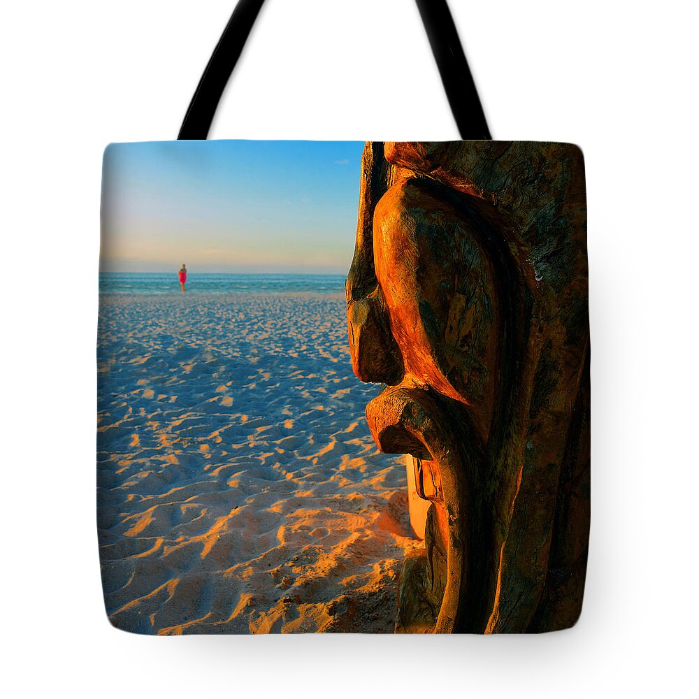 Tiki Tote Bag featuring the photograph Tiki and the woman in the pink towel by David Lee Thompson