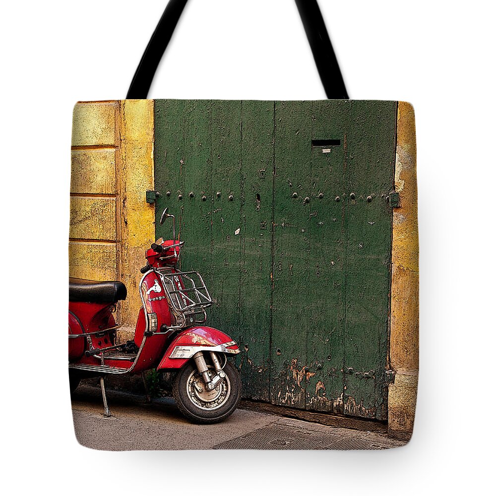 Red Vespa Tote Bag featuring the photograph Time For A Ride - Aix-en-Provence, France by Denise Strahm