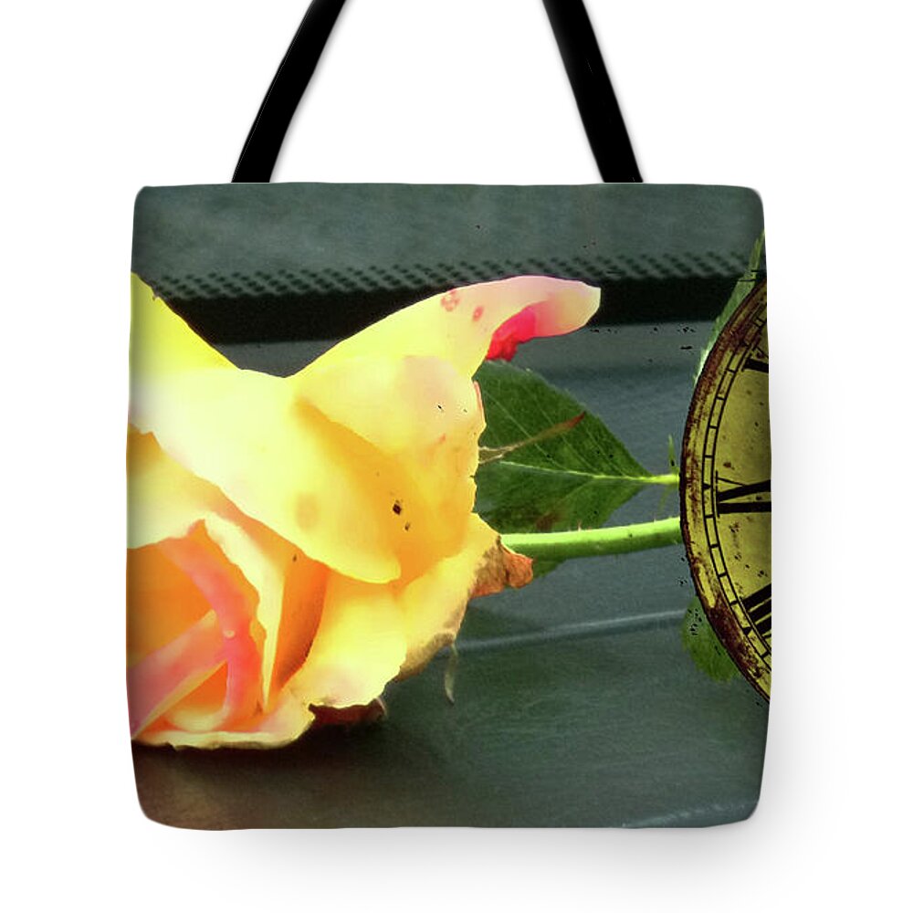 Yellow Rose Tote Bag featuring the photograph Time To Give A Rose - Yellow and Pink Rose - Clock Face by Marie Jamieson
