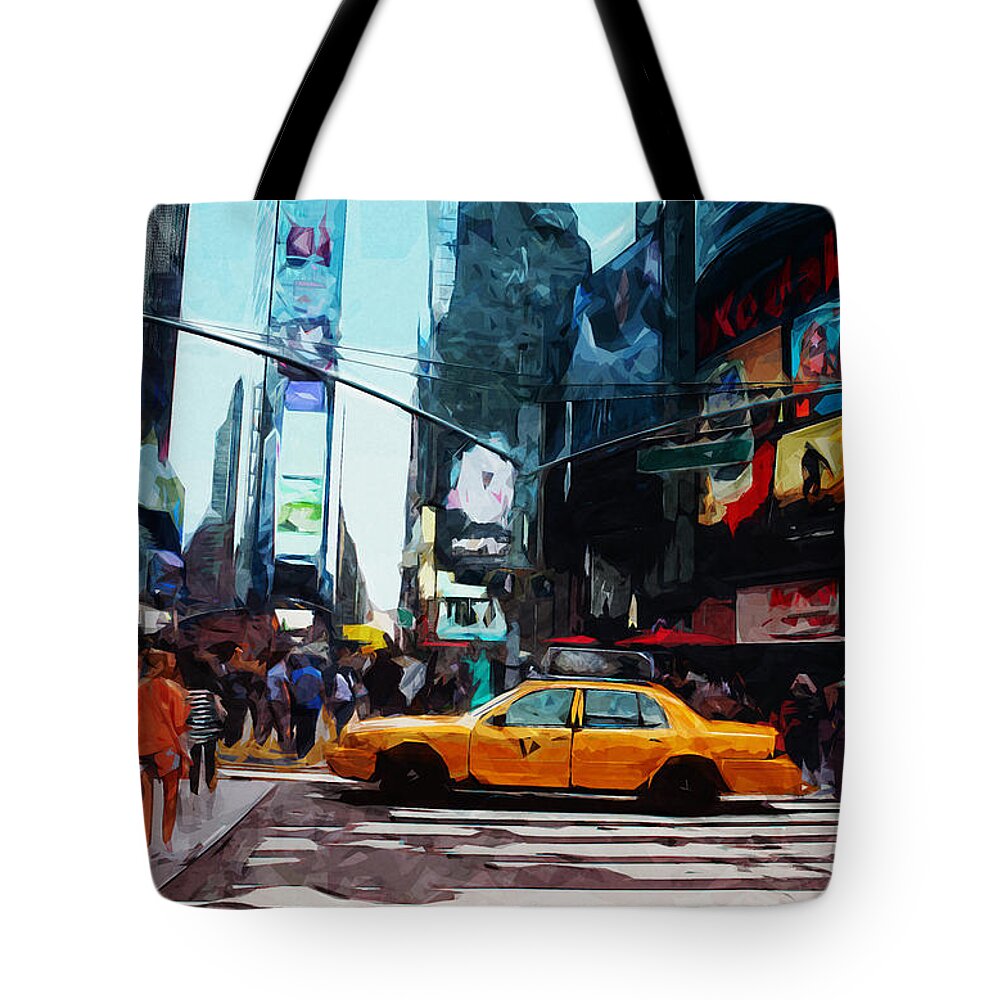 Times Square Tote Bag featuring the digital art Times Square Taxi- Art by Linda Woods by Linda Woods