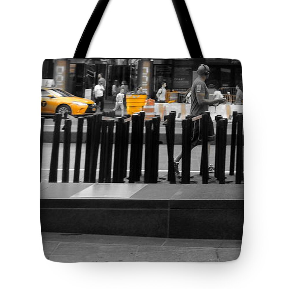 Cityscape Tote Bag featuring the photograph Times Square Yellow Sunday Morning by Susan Lafleur