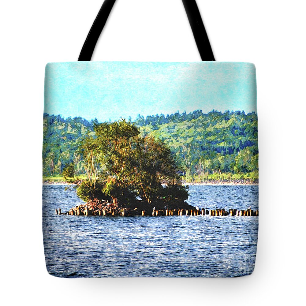 Water Tote Bag featuring the digital art Tiny Island of The Big Lake by Phil Perkins