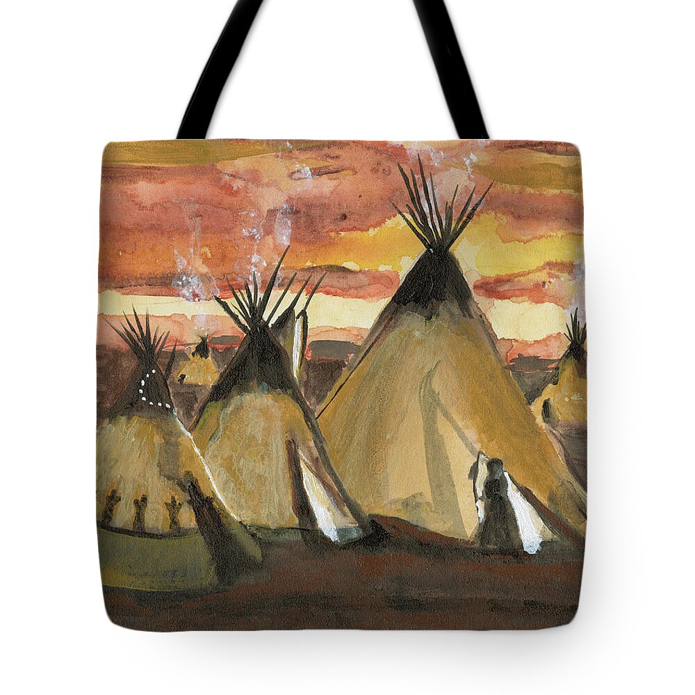 Tepee Tote Bag featuring the painting Tepee Village by Sheila Johns