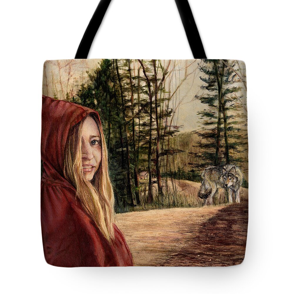 Little Red Riding Hood Tote Bag featuring the drawing To Grandmother's House We Go by Shana Rowe Jackson