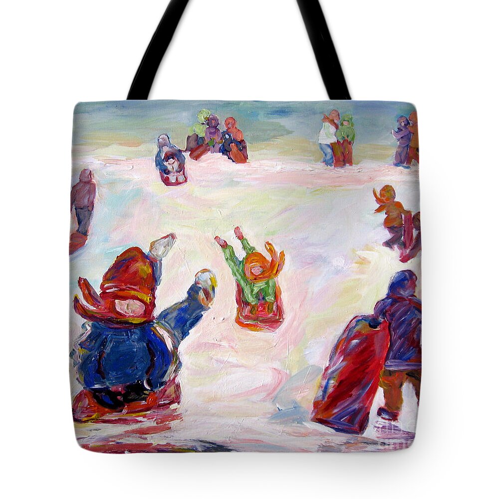 Children Tobagganing Tote Bag featuring the painting Tobogganing by Naomi Gerrard