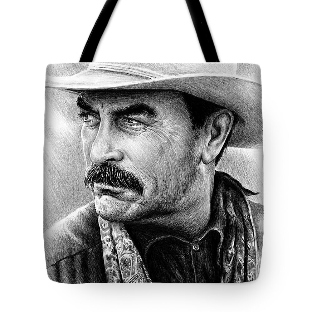 Tom Selleck Tote Bag featuring the painting Tom Selleck as Monty Walsh by Andrew Read