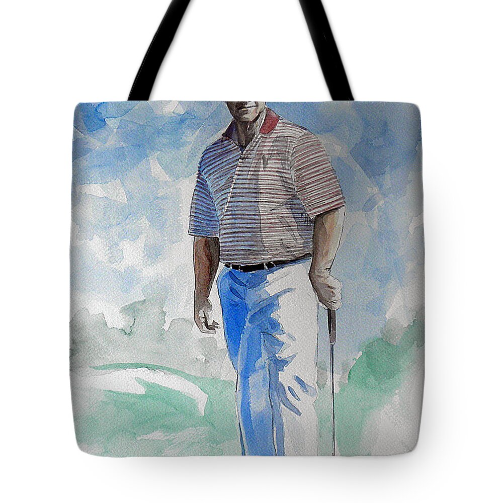 Tom Watson Tote Bag featuring the painting Tom Watson in Dubai by Mark Robinson