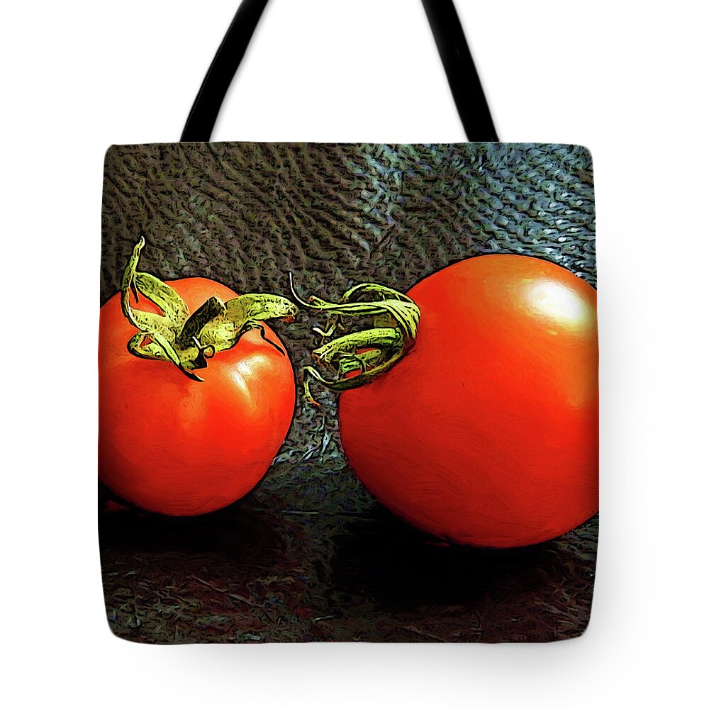 Tomatoes Tote Bag featuring the digital art Tomato Conversation by Gary Olsen-Hasek