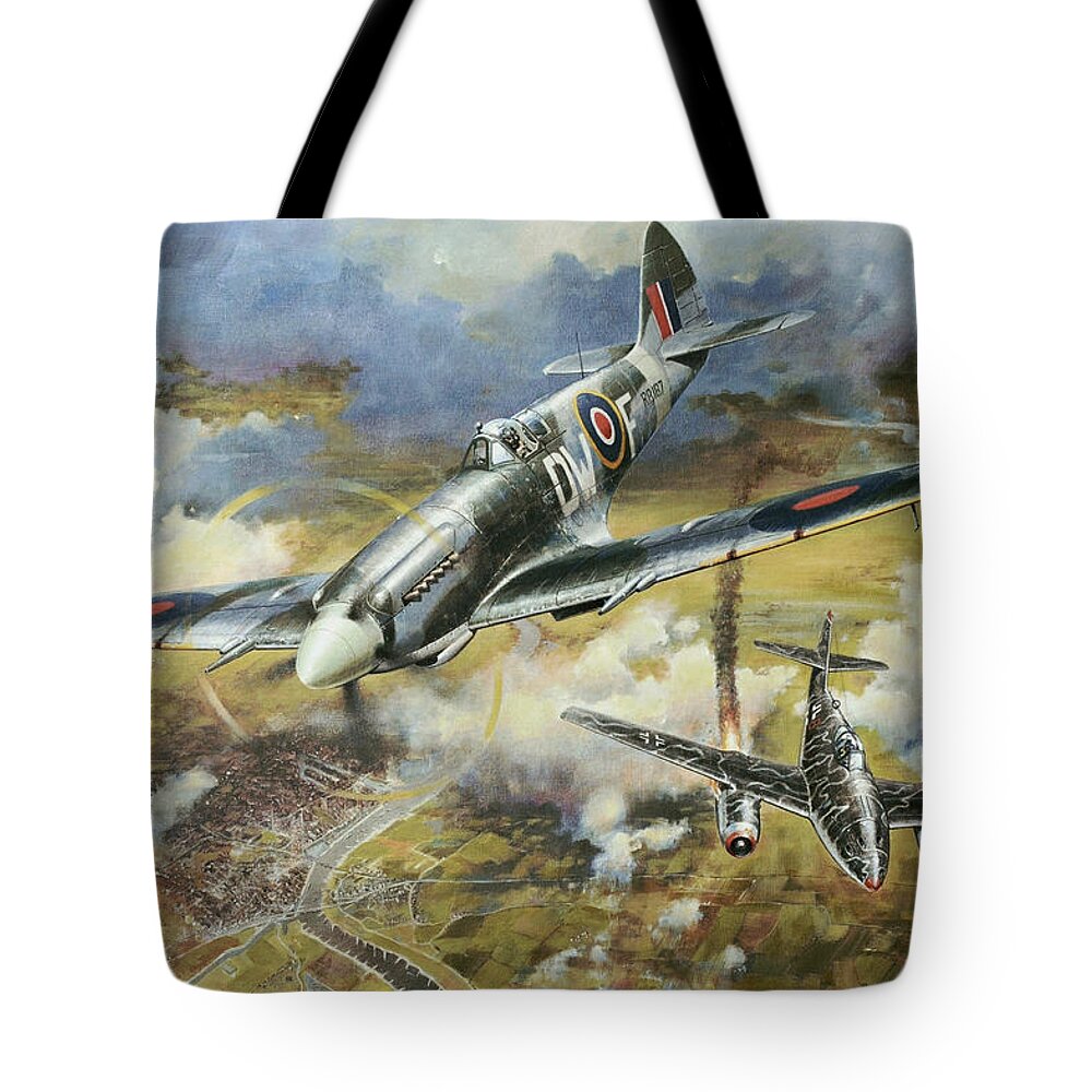 Spitfire. Tony Gaze. Me262. Spitfire Mk Xiv. Messerschmidt 262. Flying Mkxiv Spitfire Shot Down Me262 St Valentine’s Day 14th Feb 1945 Tote Bag featuring the painting Tony Gaze unsung hero by Colin Parker