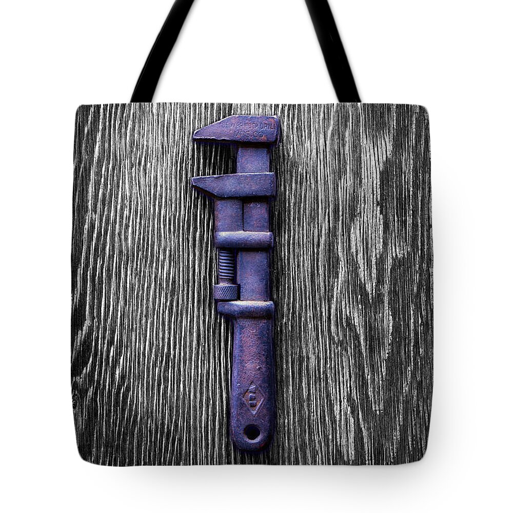 Antique Tote Bag featuring the photograph Tools On Wood 59 on BW by YoPedro
