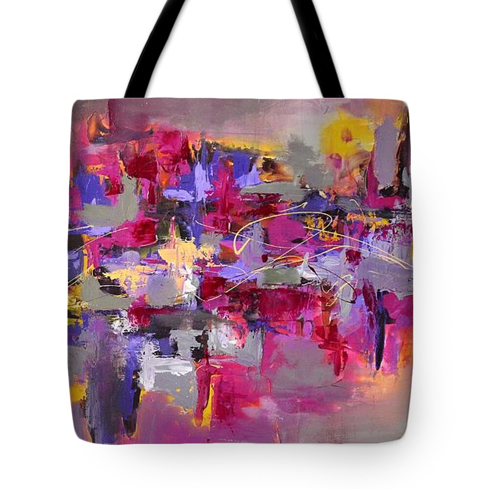 Yellow And Gray Tote Bag featuring the painting Topaz by Preethi Mathialagan