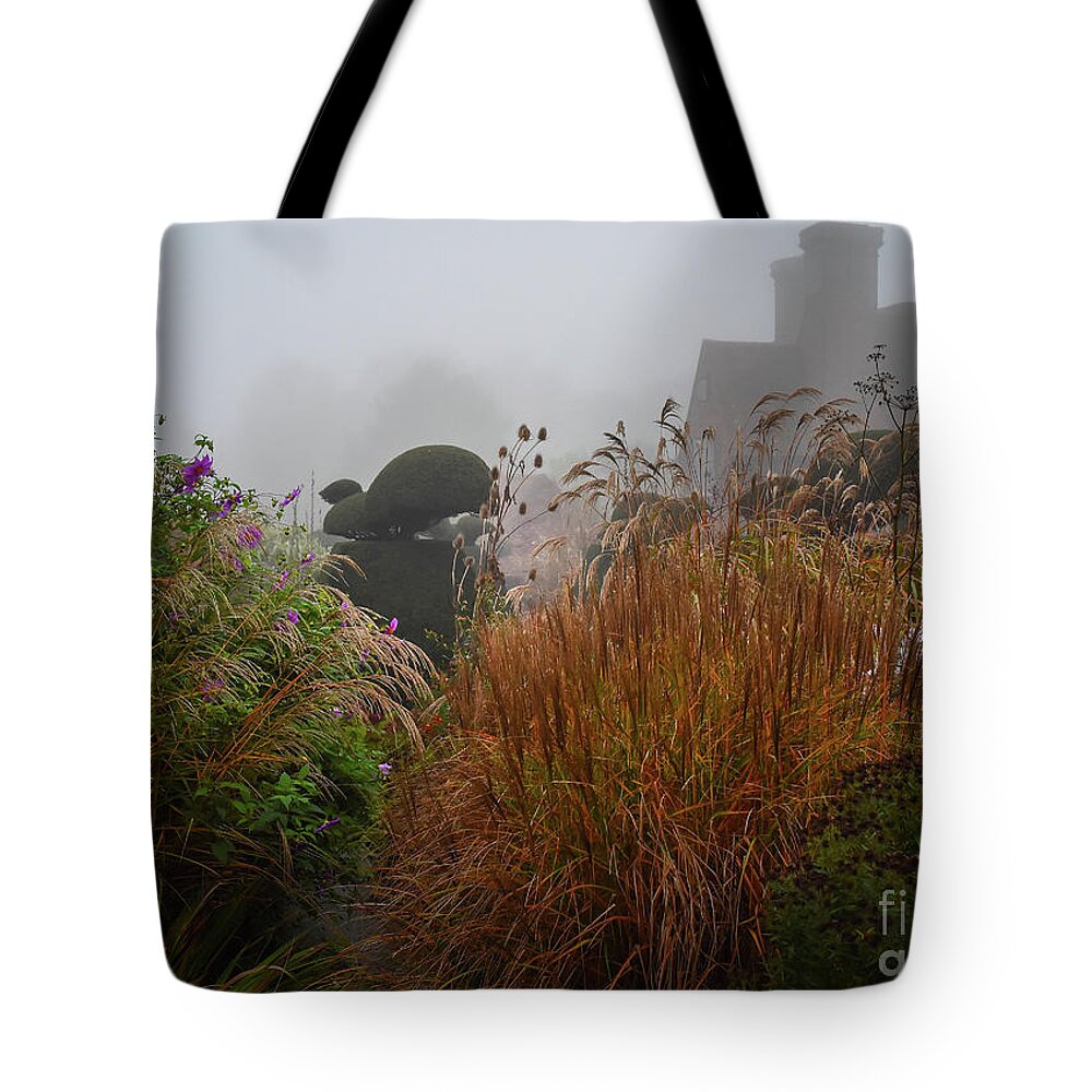 Topiary Tote Bag featuring the photograph Topiary Peacocks in the Autumn Mist, Great Dixter 2 by Perry Rodriguez