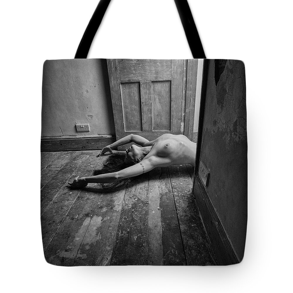 Woman Tote Bag featuring the photograph Topless woman in doorway by Clayton Bastiani