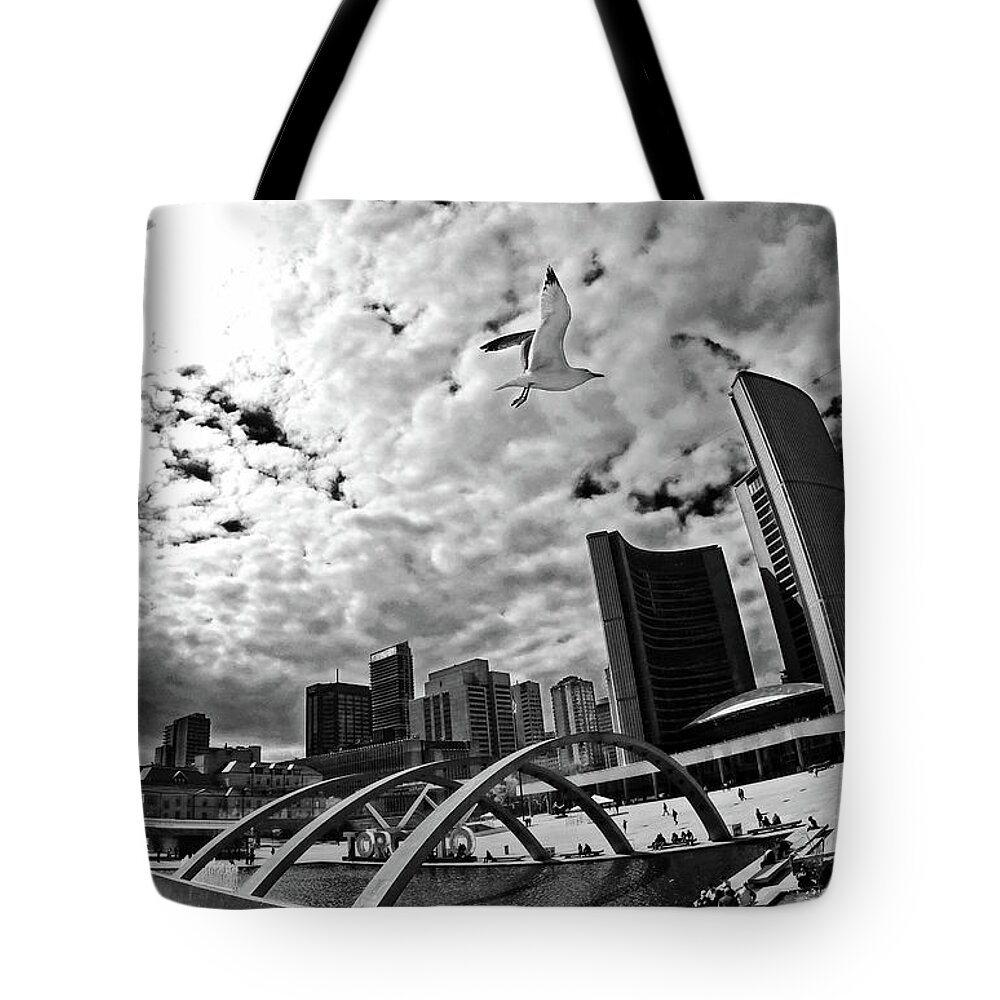 Toronto Tote Bag featuring the photograph Toronto City Hall Square with Gull by Charline Xia