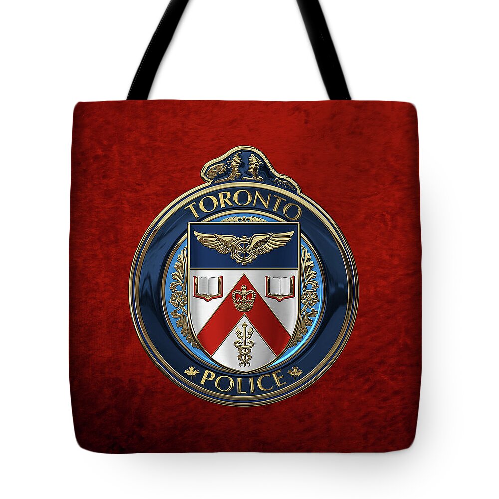 'law Enforcement Insignia & Heraldry' Collection By Serge Averbukh Tote Bag featuring the digital art Toronto Police Service - T P S Emblem over Red Velvet by Serge Averbukh