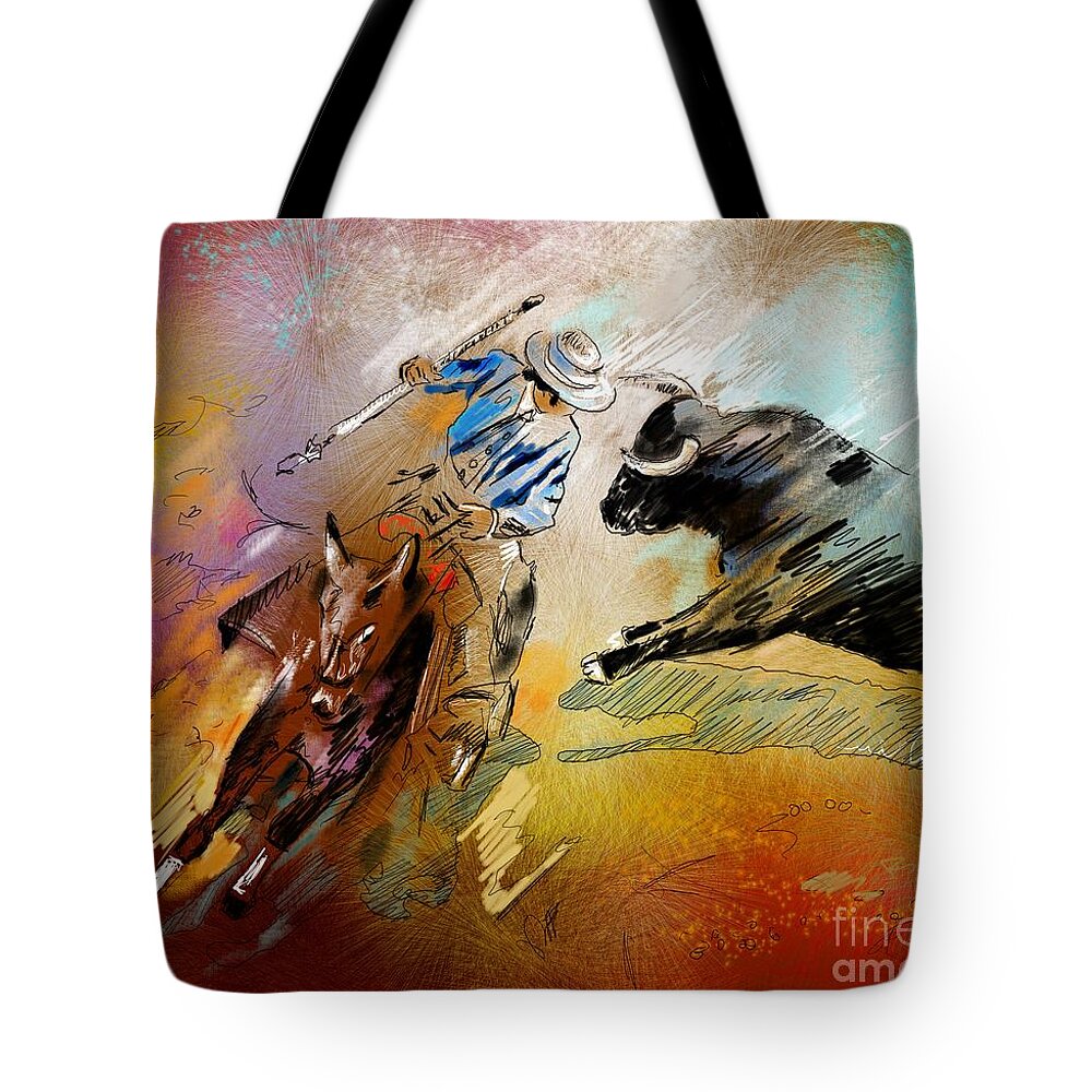 Bullfight Tote Bag featuring the painting Toroscape 42 by Miki De Goodaboom