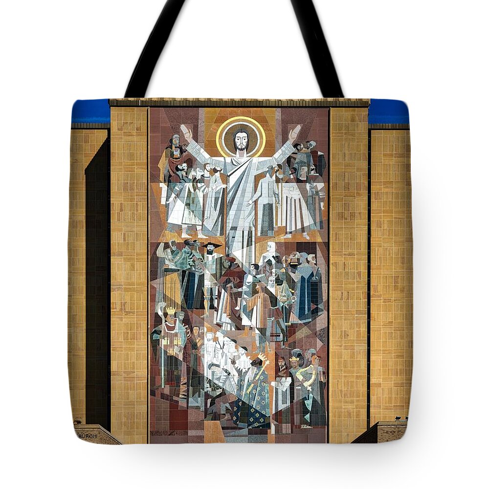 Hesburgh Library Tote Bag featuring the photograph Touchdown Jesus - Hesburgh Library by Mountain Dreams