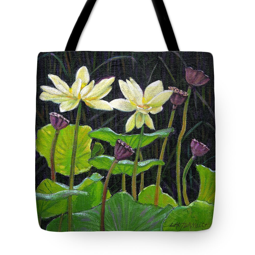 Lotus Tote Bag featuring the painting Touching Lotus Blooms by John Lautermilch