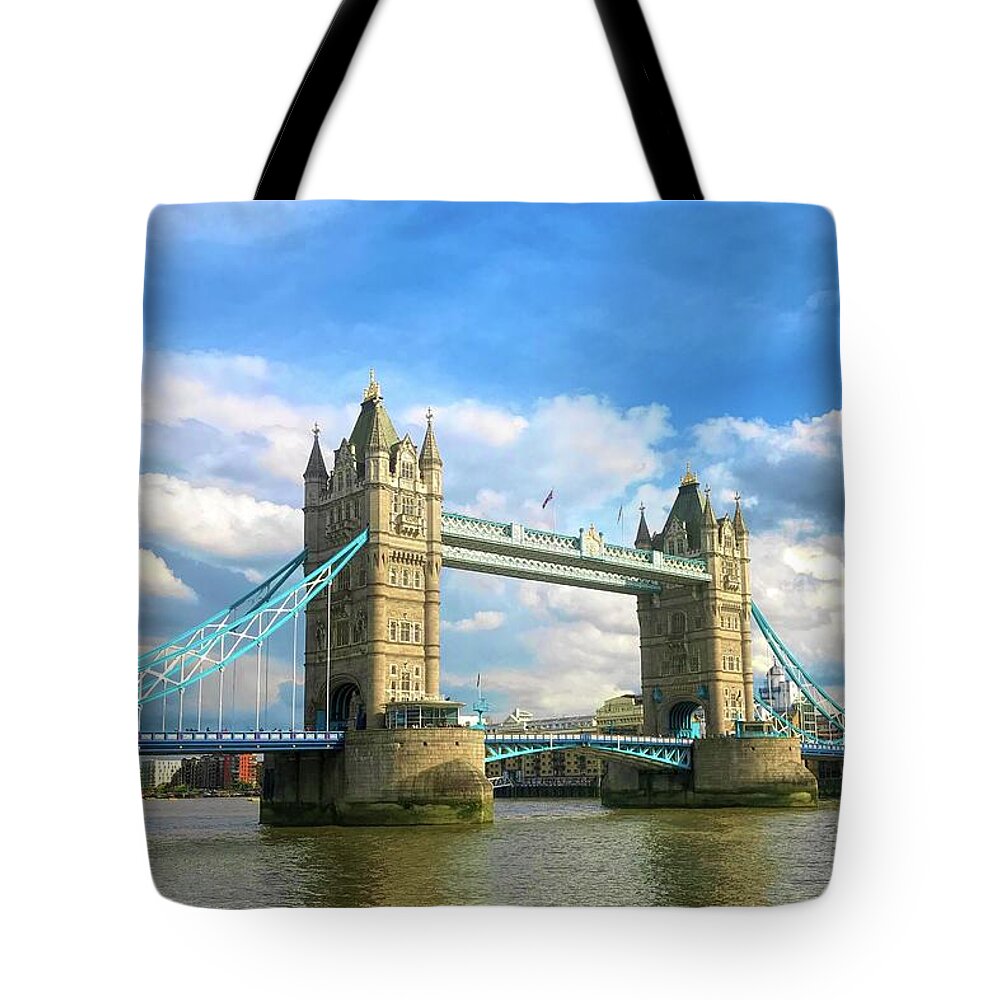 Bridge Tower London England Uk River Thames Clouds City Tote Bag featuring the photograph Tower Bridge by Nora Martinez