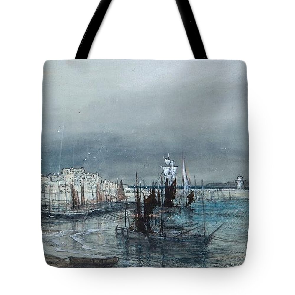 Donald Maxwell () - Coastal View Of A Harbour Tote Bag featuring the painting Town And Lighthouses Beyond by Donald Maxwell