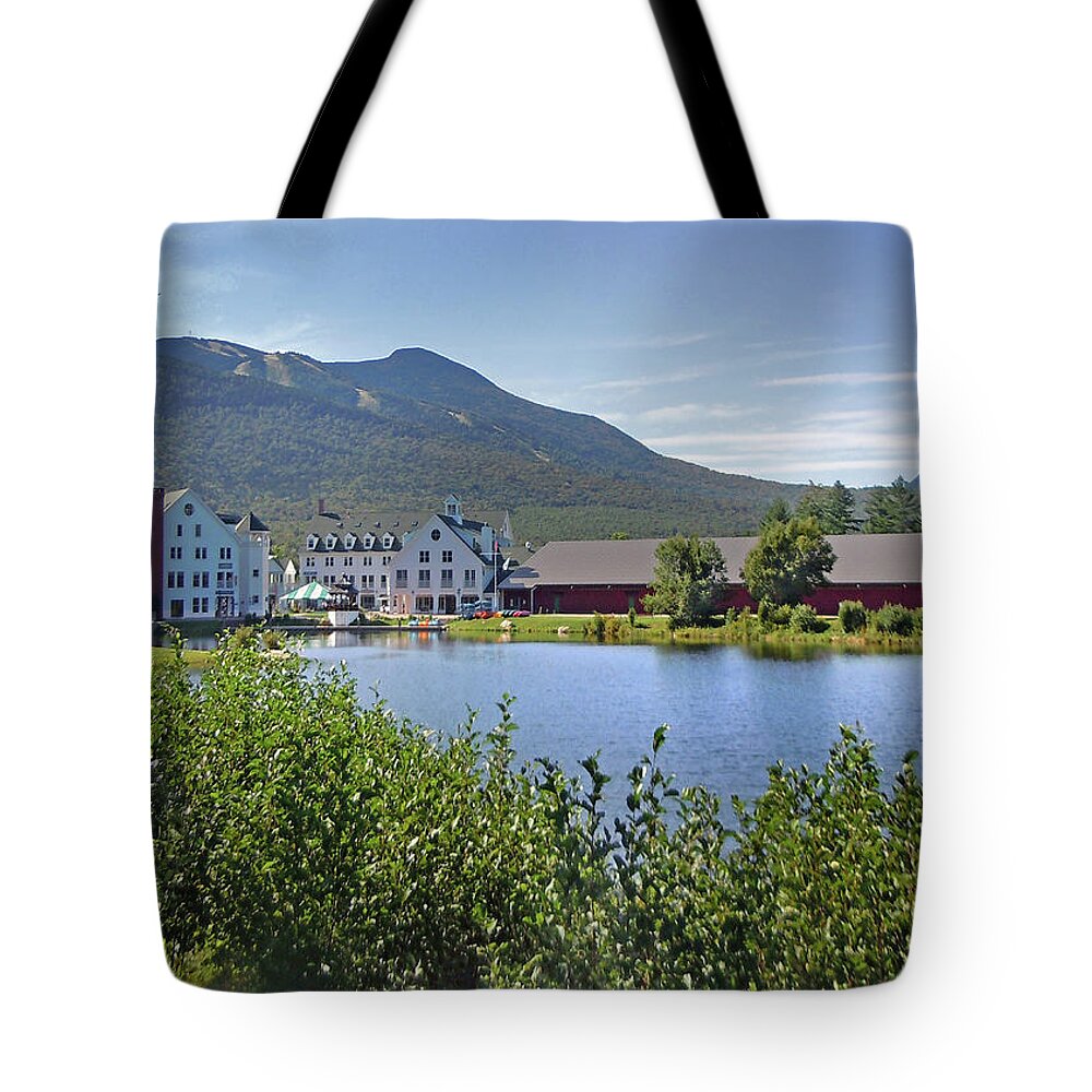 Waterville Valley Tote Bag featuring the photograph Town Square by the Pond at Waterville Valley by Nancy Griswold