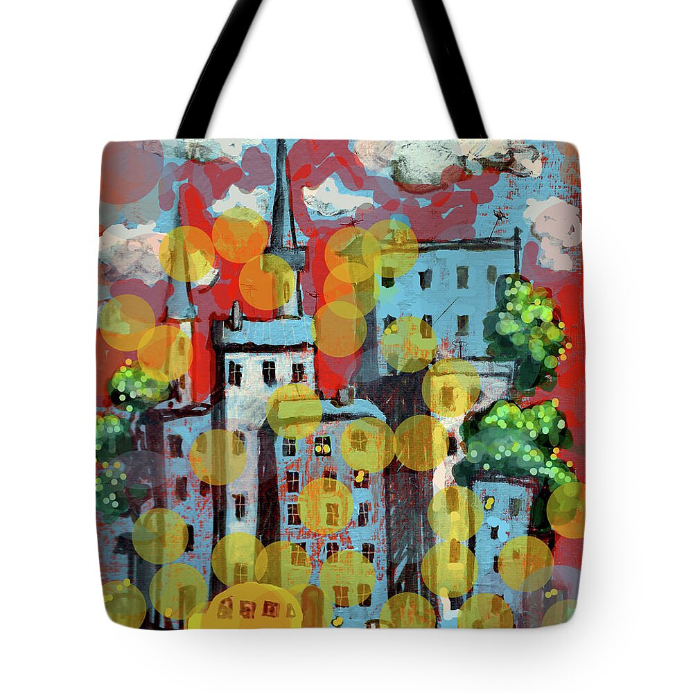 Town Tote Bag featuring the painting Town with a school bus by Maxim Komissarchik