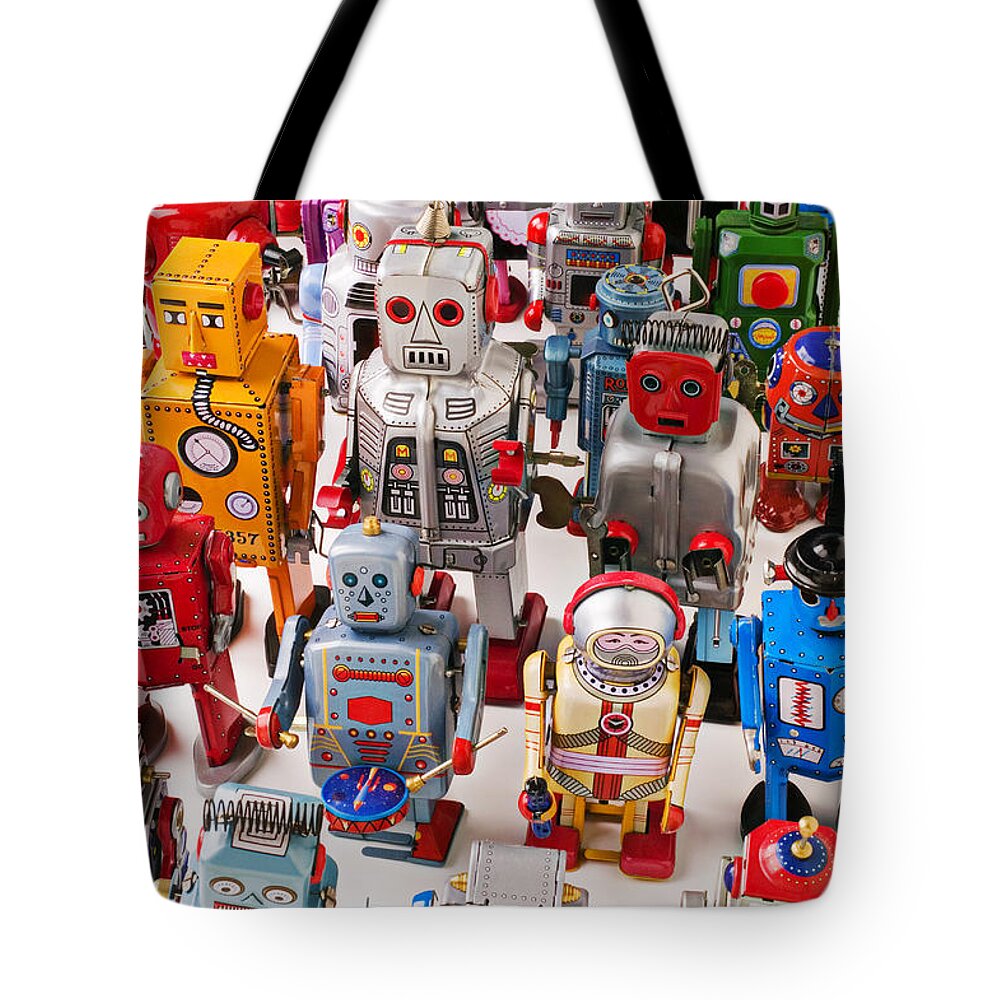 Robot Tote Bag featuring the photograph Toy robots by Garry Gay