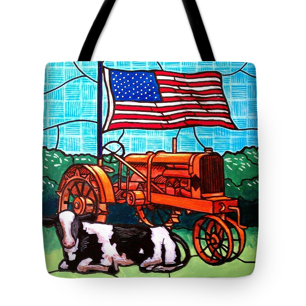 Tractor Tote Bag featuring the painting Tractor Cow Flag by Jim Harris