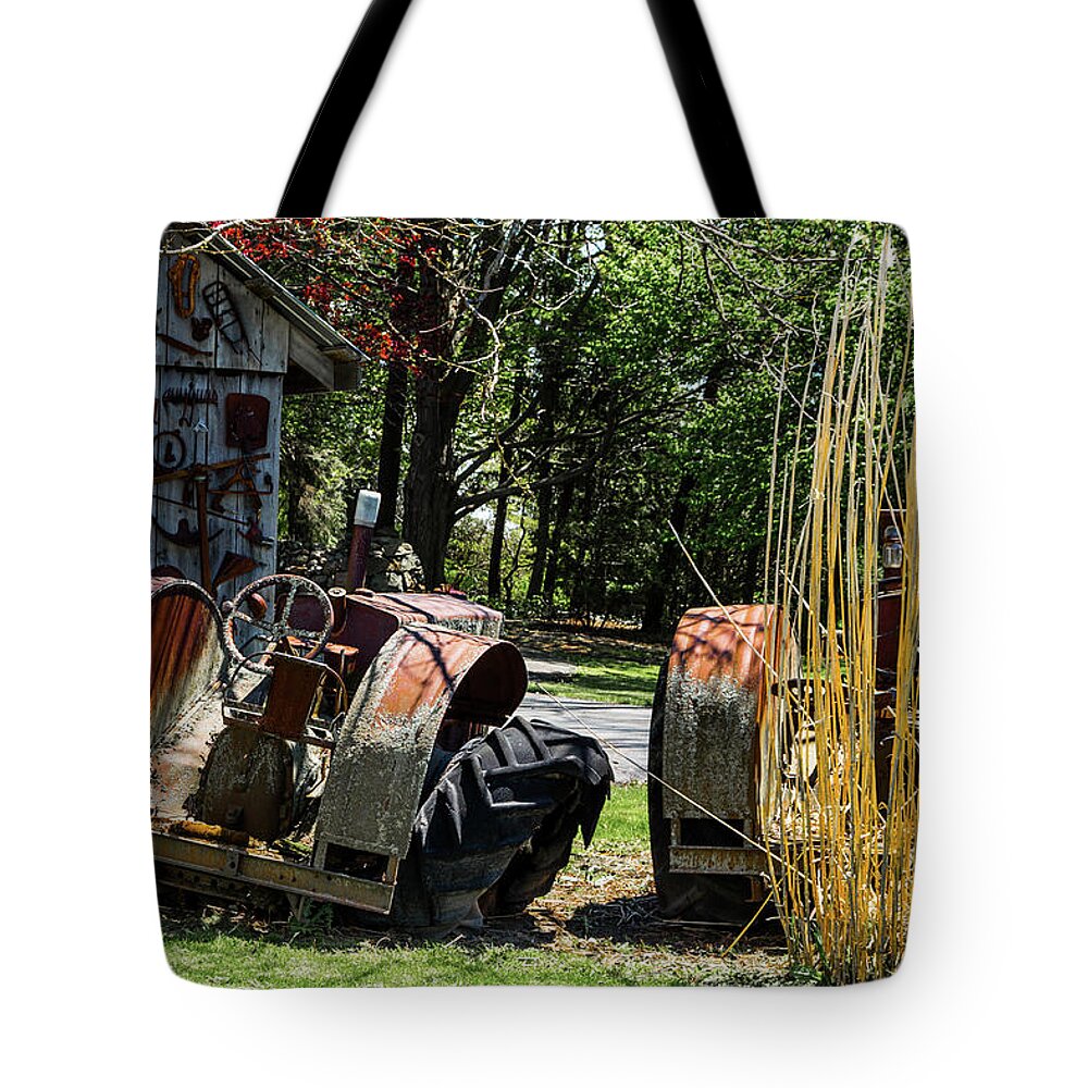 Rural Tote Bag featuring the photograph Tractors by the Driveshed by Brent Buchner