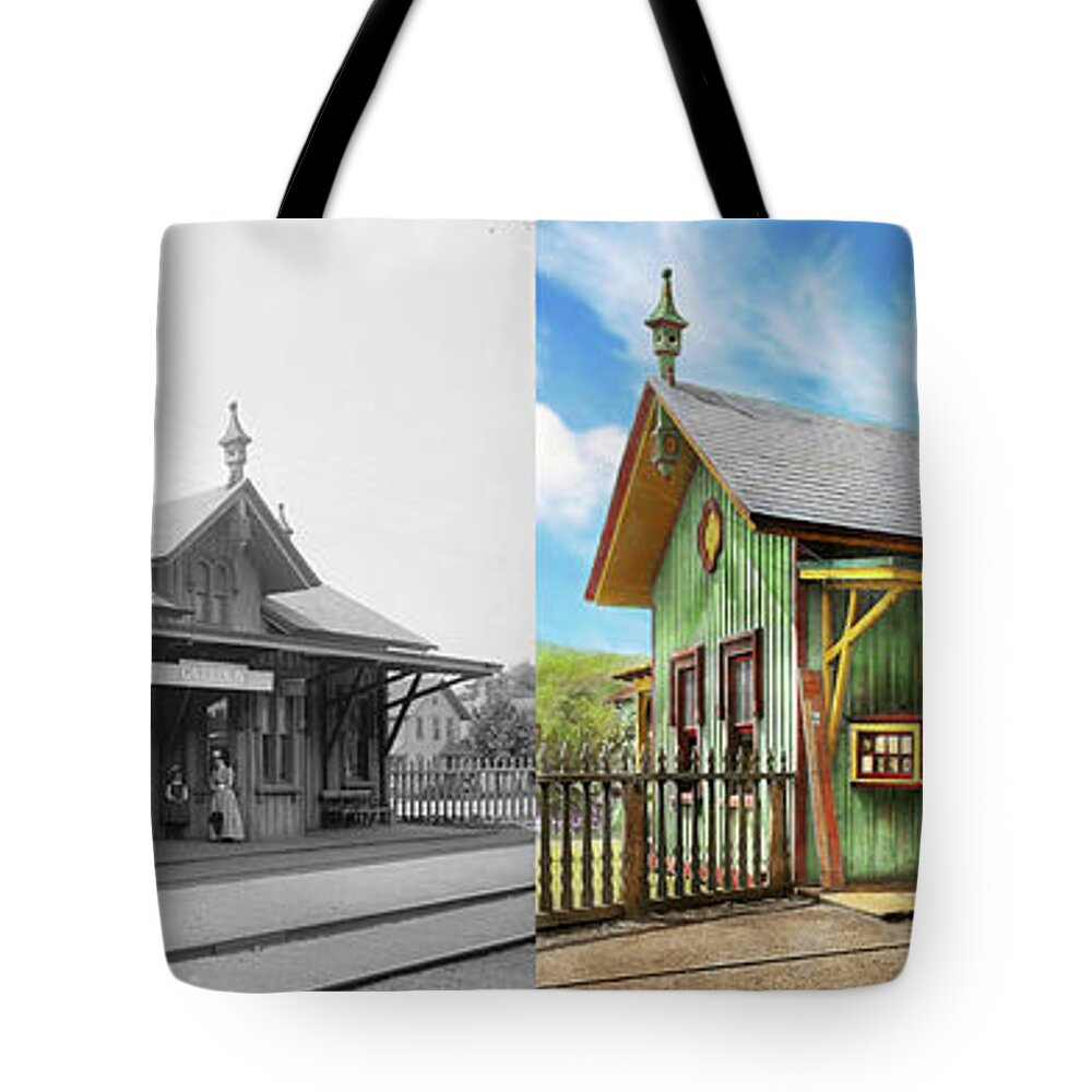 Train Station Tote Bag featuring the photograph Train Station - Garrison train station 1880 - Side by Side by Mike Savad