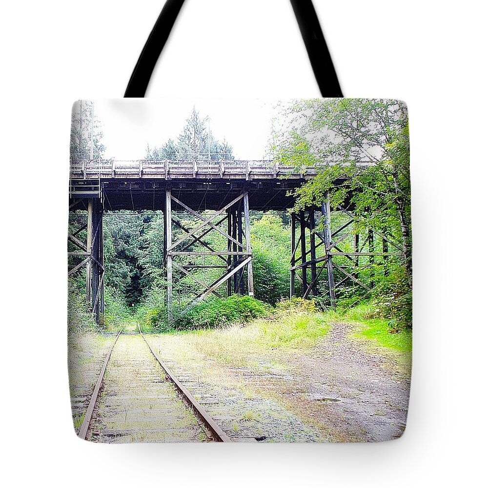 Bridge Tote Bag featuring the photograph Trains Over and Under by Kathleen Voort