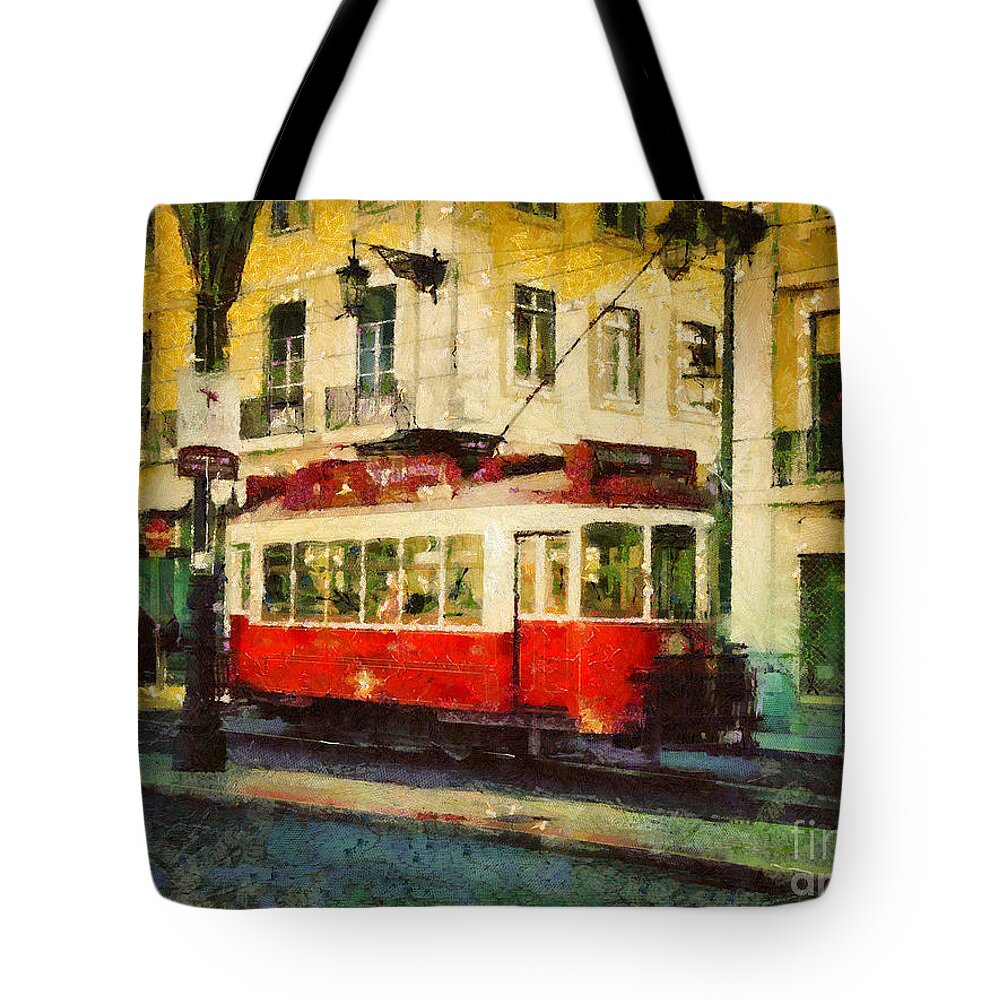 Painting Tote Bag featuring the painting Tram in Lisbon by Dimitar Hristov