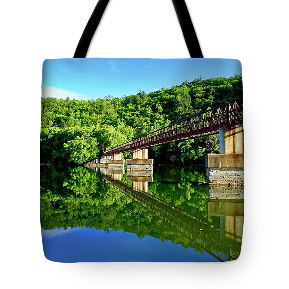 James River Foot Bridge Tote Bag featuring the photograph Tranquility at The James River Footbridge by The James Roney Collection