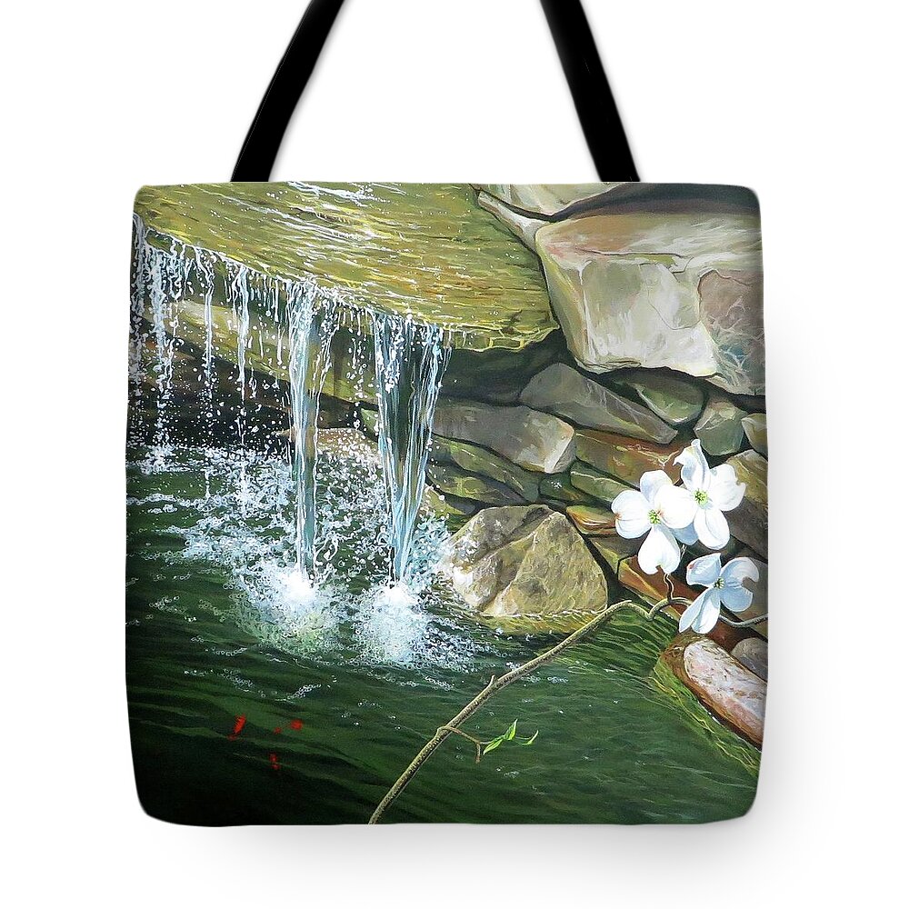 Waterfall Tote Bag featuring the painting Tranquility by Hunter Jay