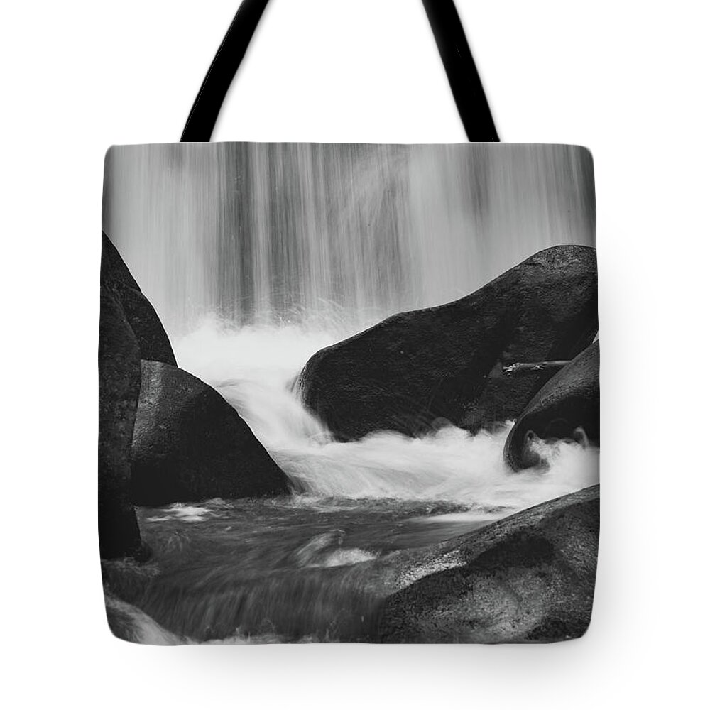 Waterfall Tote Bag featuring the photograph Trap Falls in Ashby MA Black and White 6 by Michael Saunders
