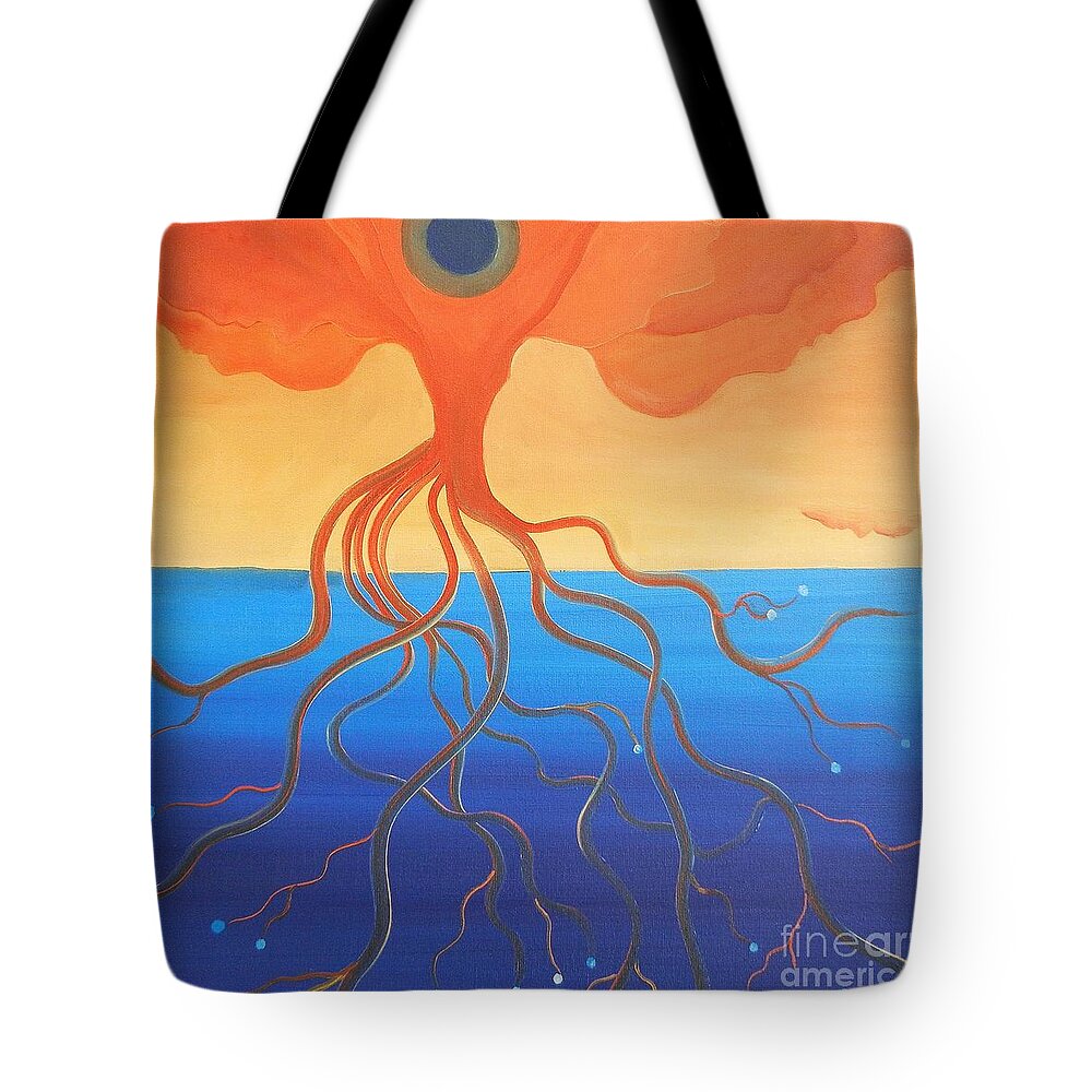 Weird Paintings Tote Bag featuring the painting Tree of Life Interpretation by Reb Frost