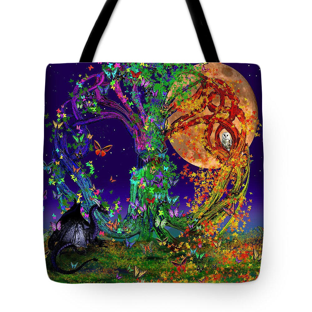Harvest Moon Tote Bag featuring the painting Tree Of Life With Owl and Dragon by Michele Avanti
