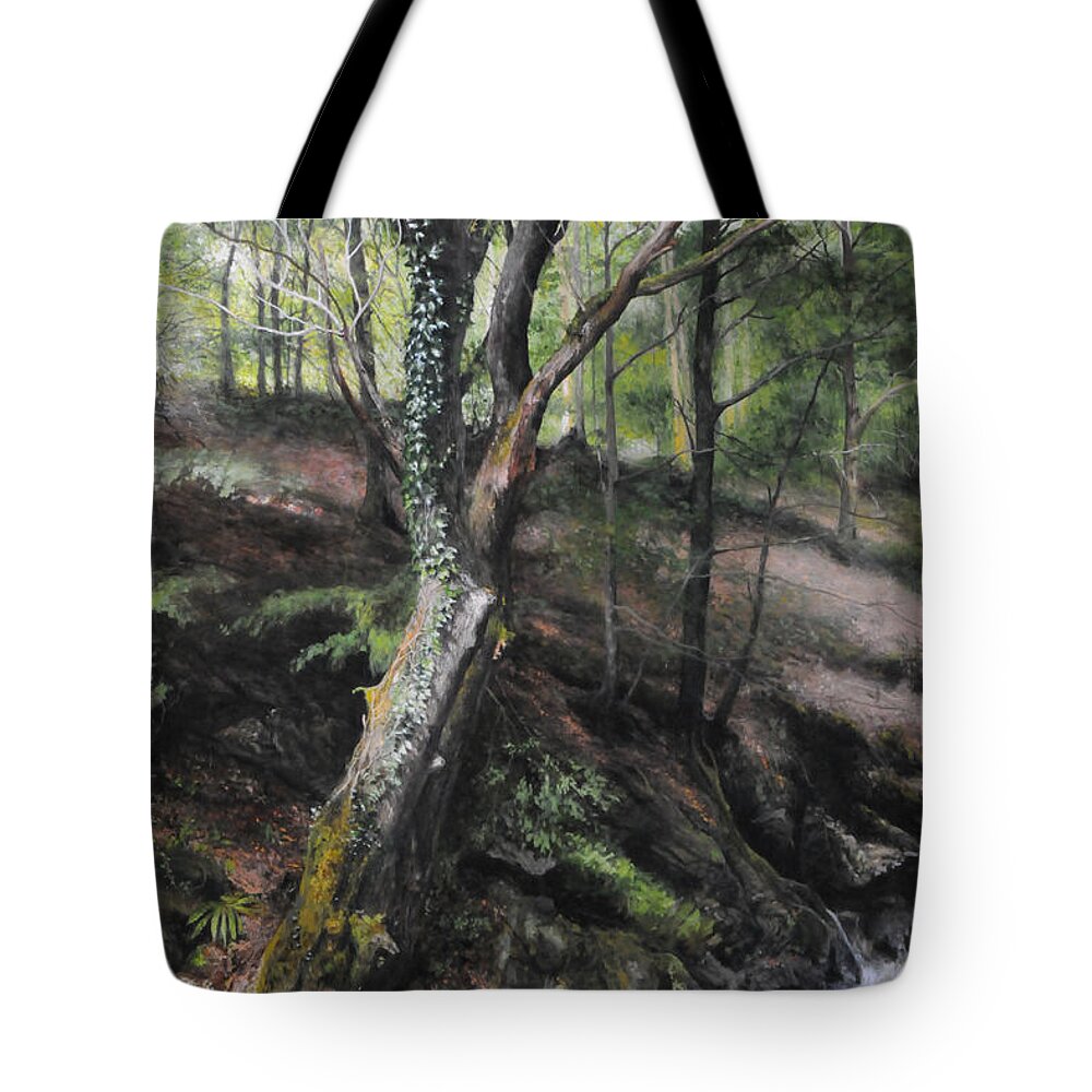 Landscape Tote Bag featuring the painting Tree River Wood by Harry Robertson