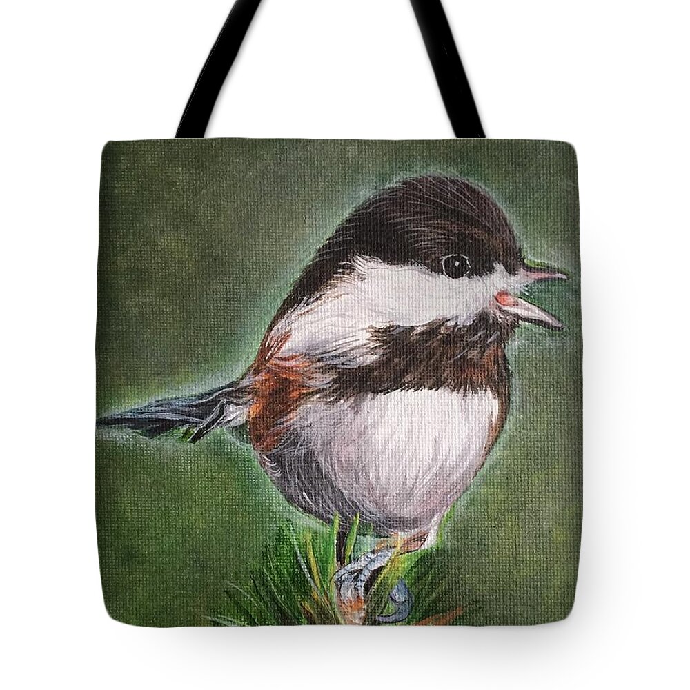 Chickadee Tote Bag featuring the painting Tree Topper by Sonja Jones
