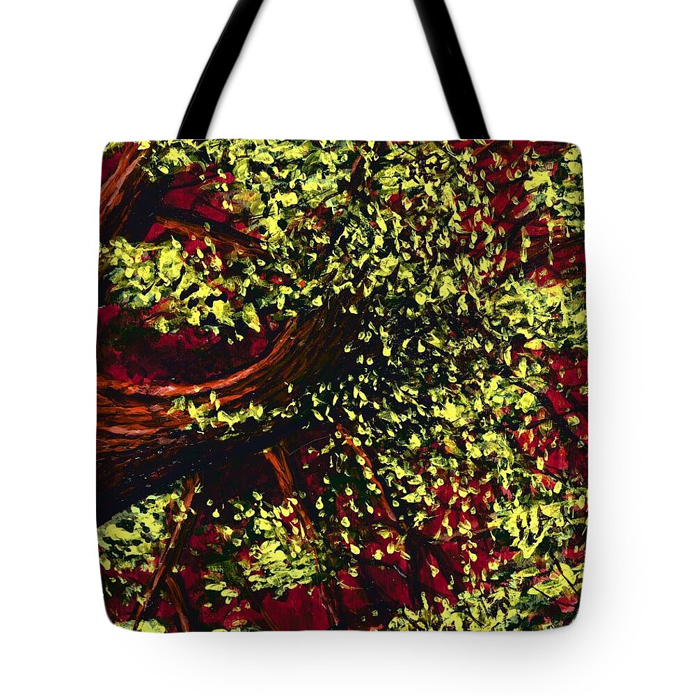 #trees #landscapes #red #green #forests #sunlight Tote Bag featuring the painting Tree with Red Sky by Allison Constantino