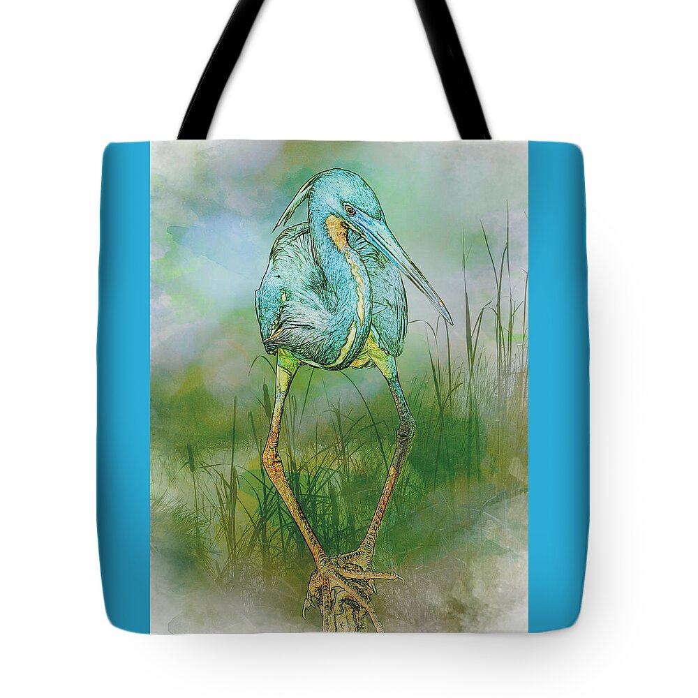 Bird Tote Bag featuring the photograph Tri-Colored Heron Balancing Act - Colorized by Patti Deters