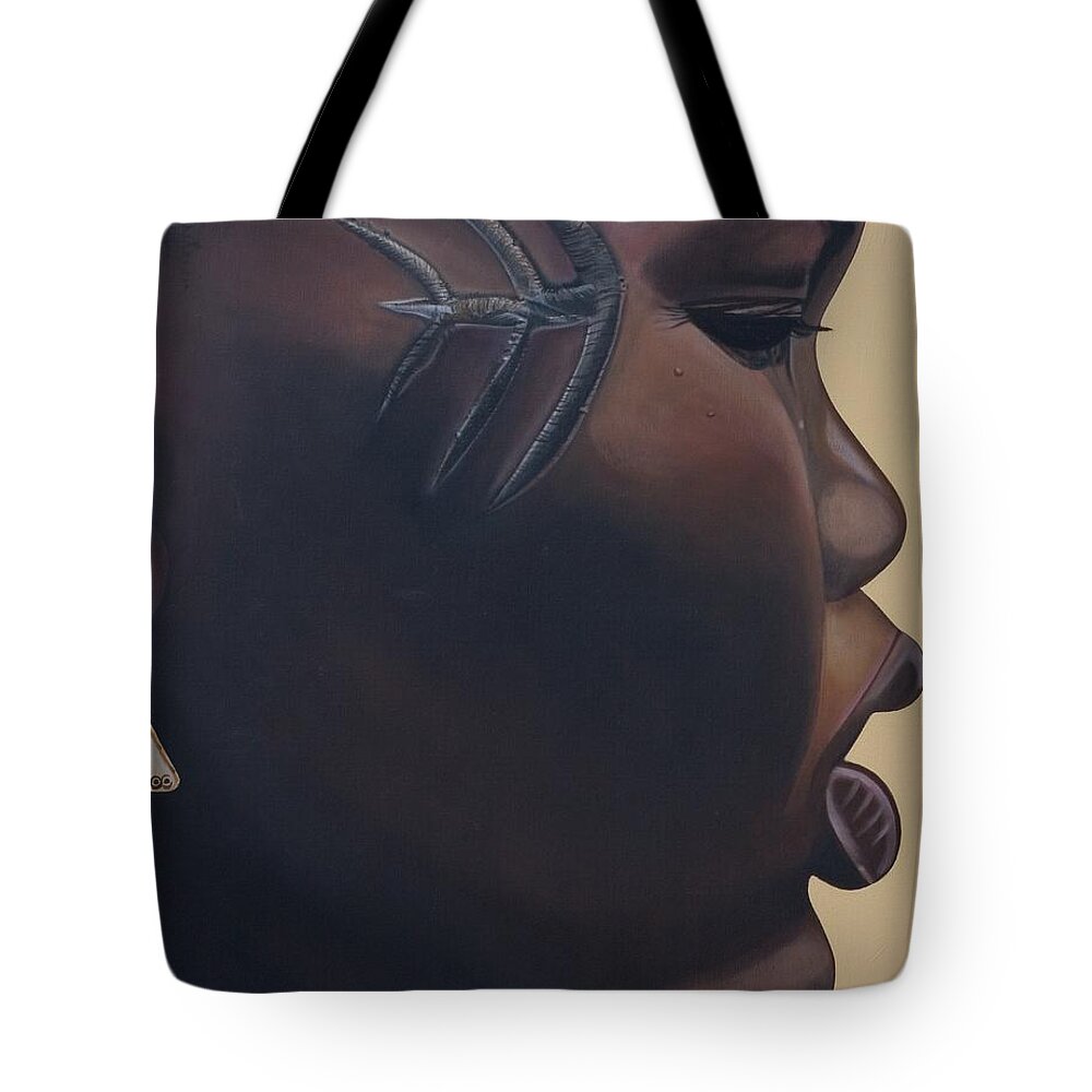 Tribal Mark Tote Bag featuring the painting Tribal Mark by Kaaria Mucherera