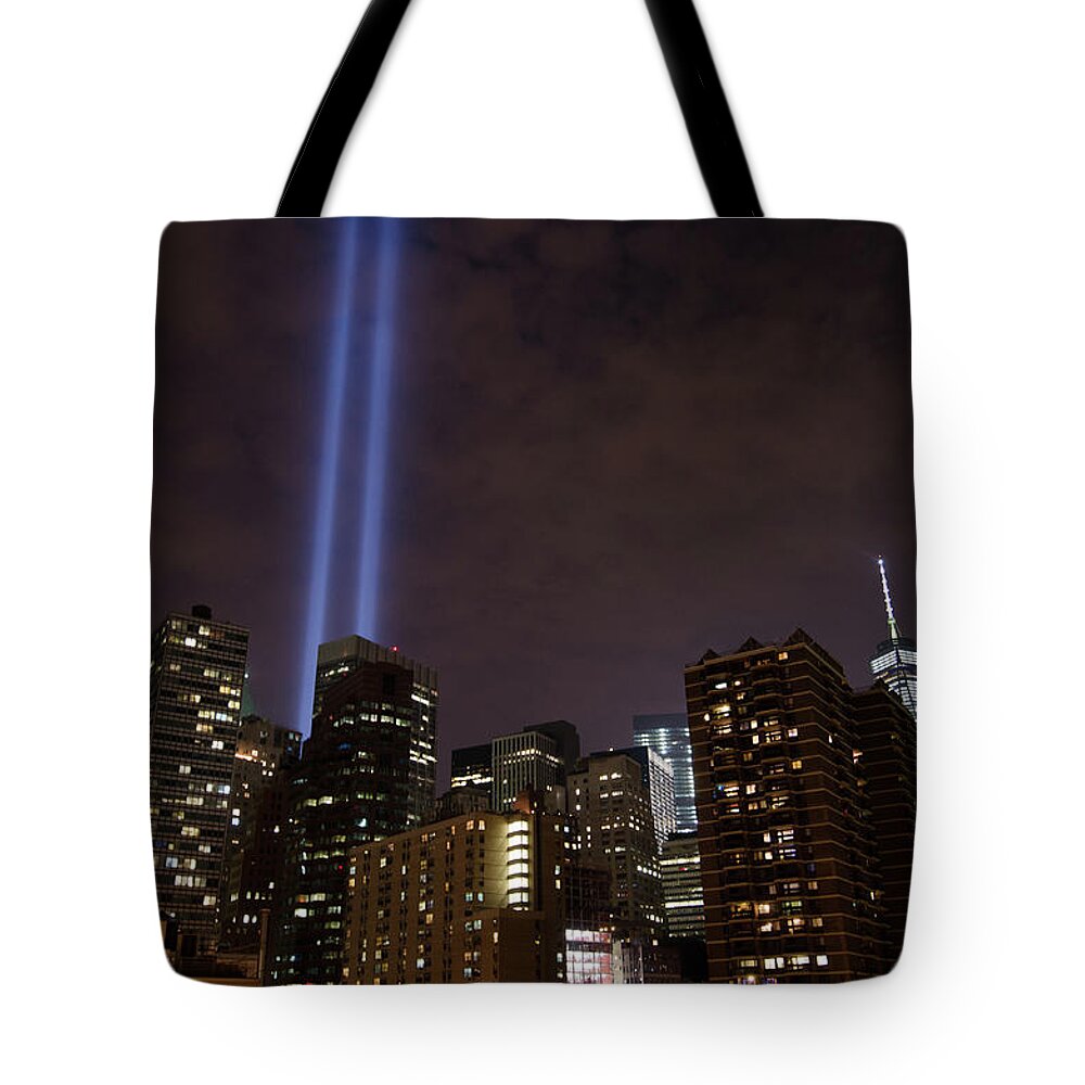 15th Anniversary Tote Bag featuring the photograph Twin Beam Tribute to the Towers by Jeff at JSJ Photography