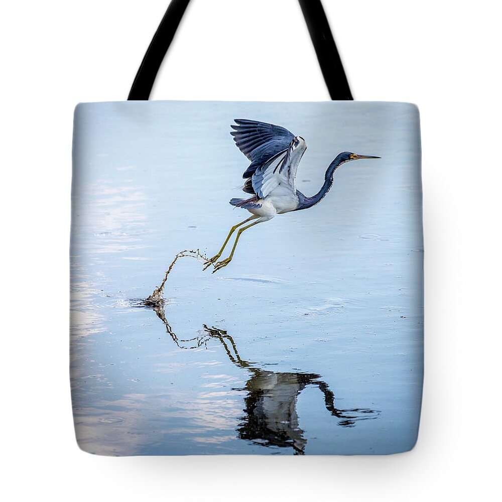 Myeress Tote Bag featuring the photograph Tricolored Heron Reflection by Joe Myeress