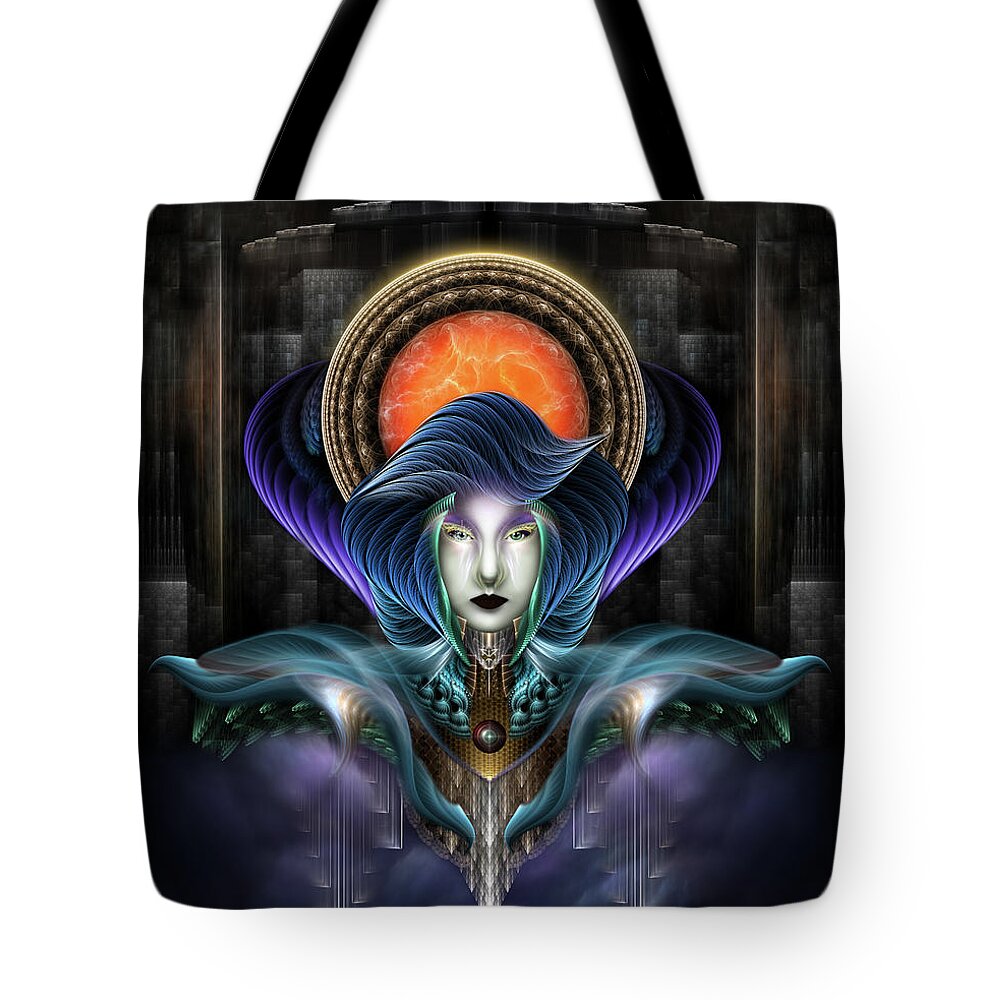 Fractal Tote Bag featuring the digital art Trilia Goddess Of The Orange Moon by Rolando Burbon
