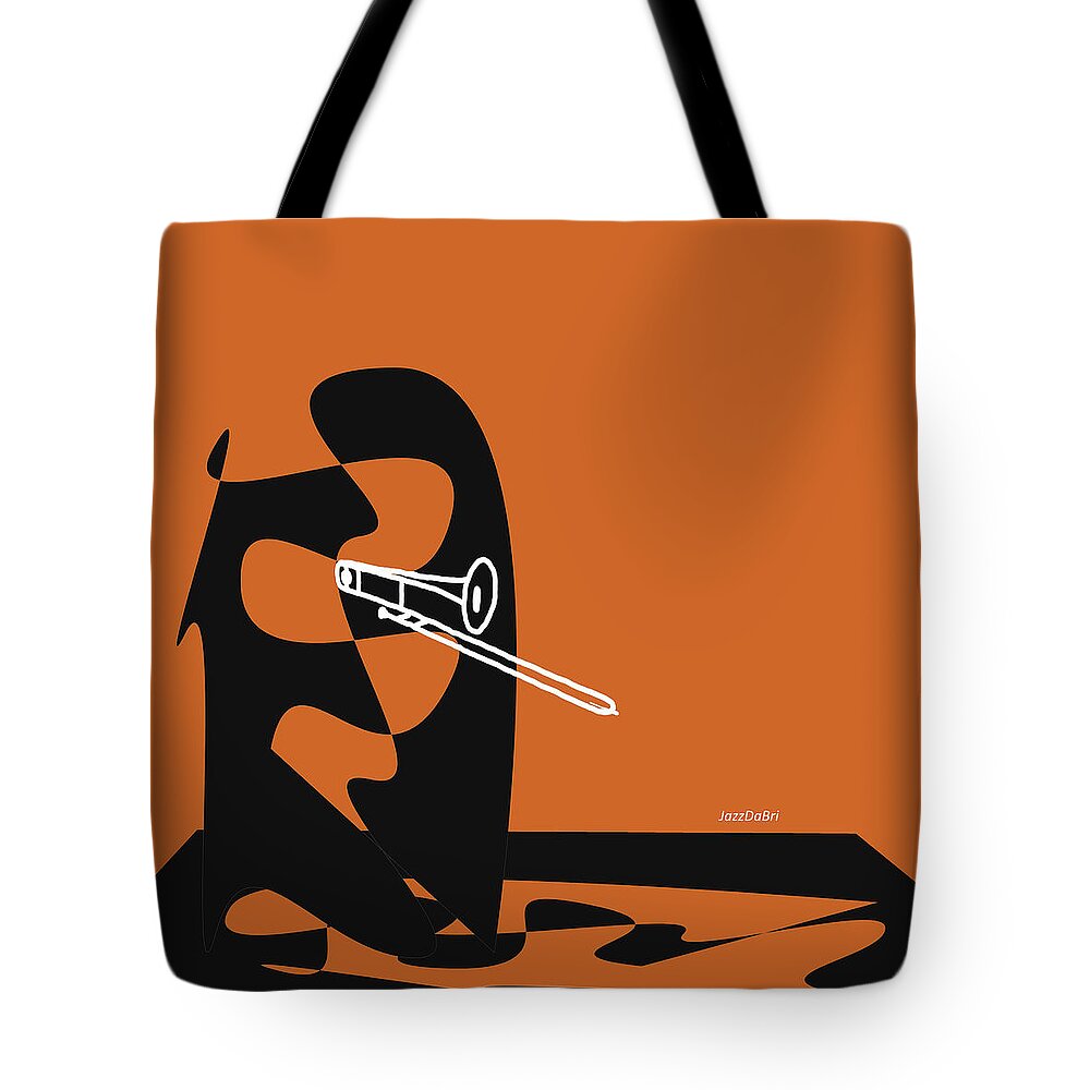 Jazzdabri Tote Bag featuring the digital art Trombone in Orange by David Bridburg