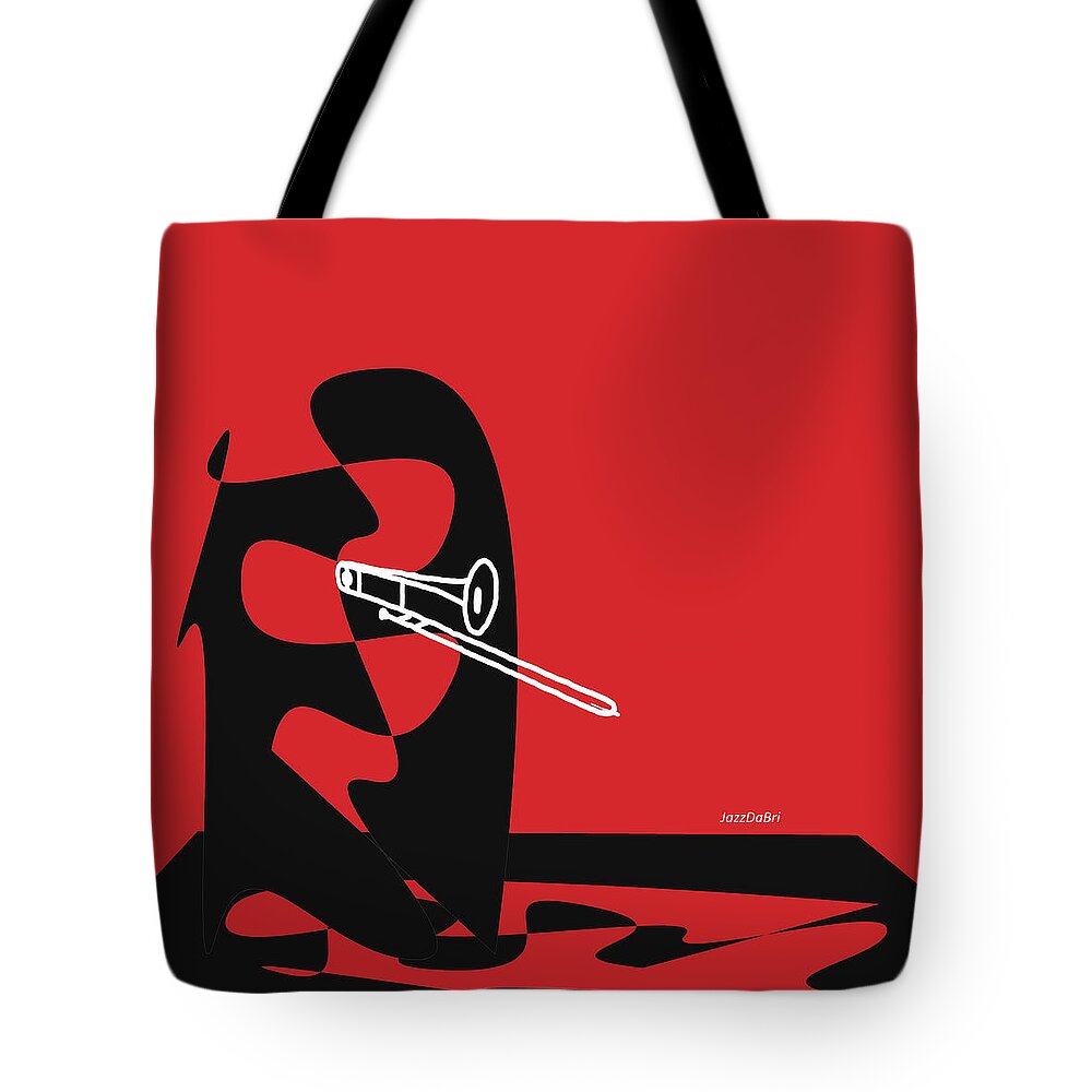 Jazzdabri Tote Bag featuring the digital art Trombone in Red by David Bridburg