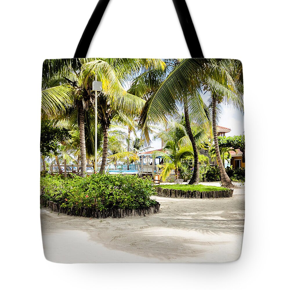 Ambergris Caye Tote Bag featuring the photograph Tropical Courtyard by Lawrence Burry