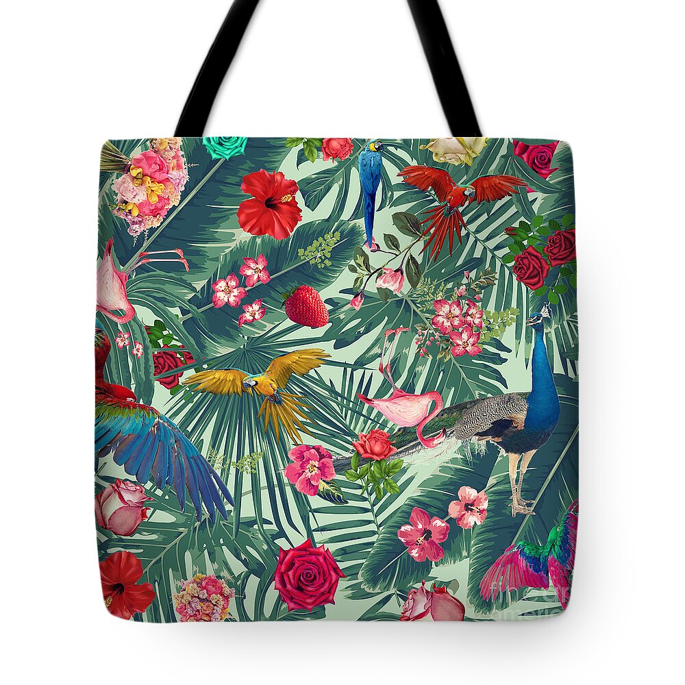 Nature Pattern Tote Bag featuring the digital art Green Tropical Paradise by Mark Ashkenazi
